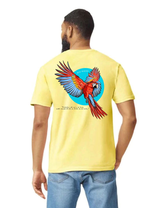 Camiseta Adulto "Aves de mi tierra" Guacamaya trigo